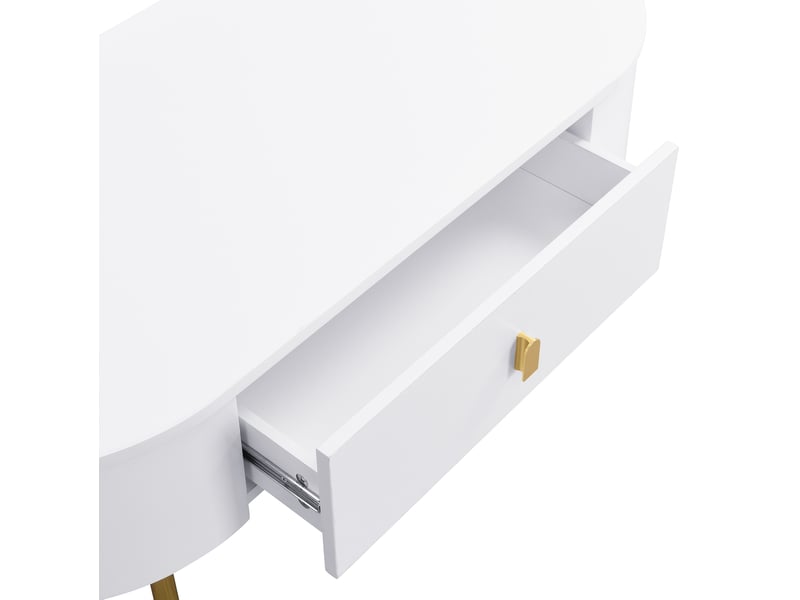  Table basse de salon 108x50x40cm, table ovale, 2 tiroirs, poignées et pieds dorés, style simple, mdf, blanc  - Conforama E