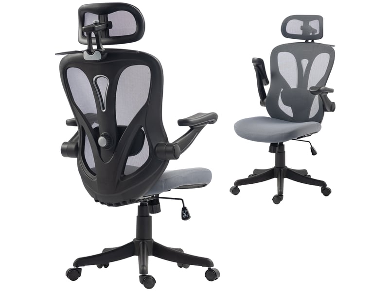  Chaise de bureau ergonomique avec accoudoirs rabattables, appui-tête et porte-manteau, gris foncé  - Conforama A
