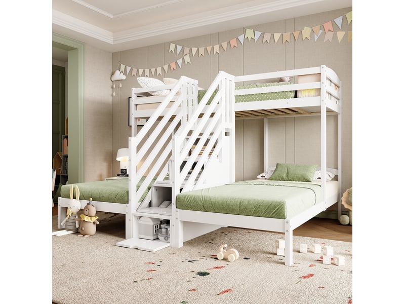  Lit superposé enfant 3 couchages 90x200 cm avec escalier de rangement blanc  - Conforama D