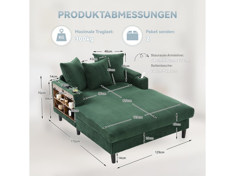  Canapé convertible en velours côtelé émeraude avec led et coffre, 129x170 cm, 1 place  - Conforama C