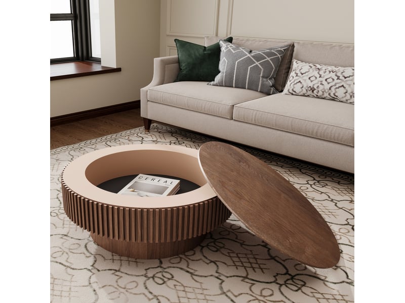  Table basse ronde 75x75x35 cm en mdf plaqué bois, coloris noyer  - Conforama D