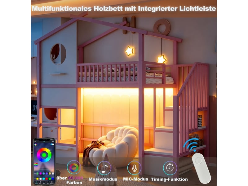  Lit enfant 90 x 200 cm éclairage led lit ado cadre en fer escalier rangement barrière haute coloris rose  - Conforama D