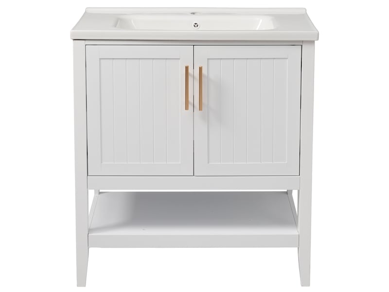 Meuble sous vasque blanc avec lavabo en céramique, 2 portes, niche ouverte et patins antidérapants pour salle de bain en mdf 80 cm - Conforama A