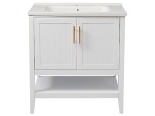 Meuble sous vasque blanc avec lavabo en céramique, 2 portes, niche ouverte et patins antidérapants pour salle de bain en mdf 80 cm