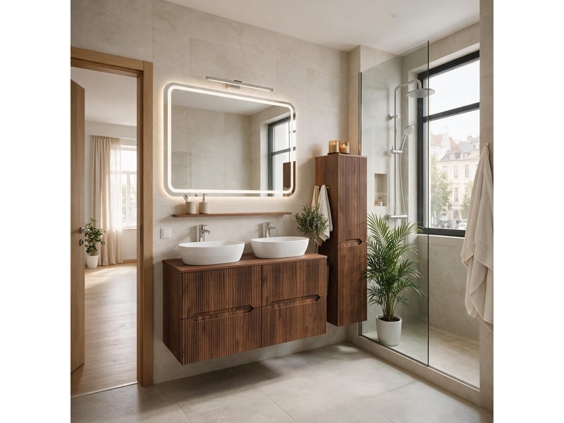  Ensemble double meuble sous vasque avec plan et colonne novo l.160 cm effet noyer warmia  - Conforama B