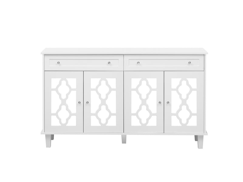  Buffet cuisine, 140 x 40 x 83 cm, vaisselier avec 4 portes miroir, 2 tiroirs et étagères réglables, blanc  - Conforama A
