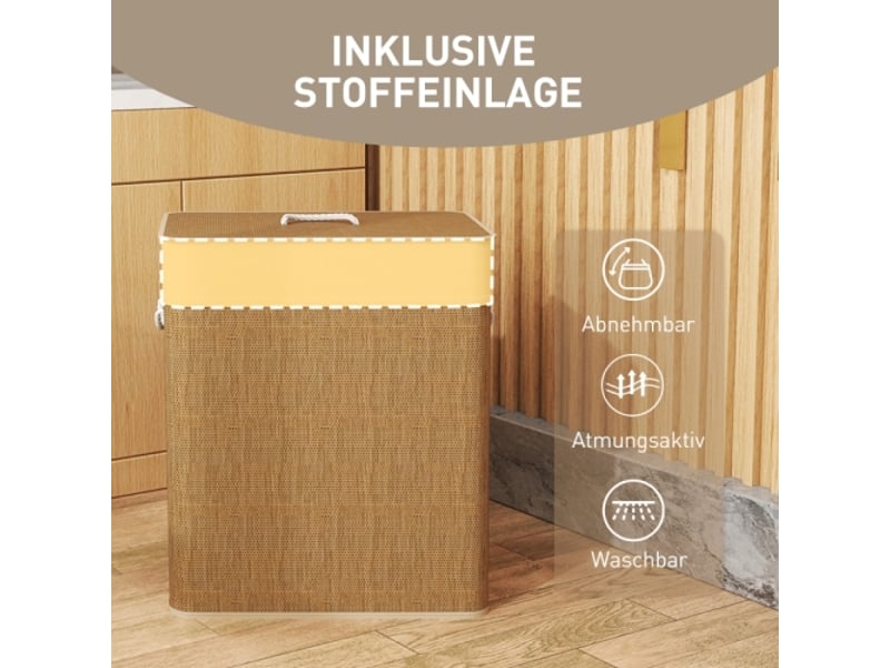  Panier à linge en bambou 100 l avec couvercle, sac amovible, poignées en corde, marron  - Conforama D