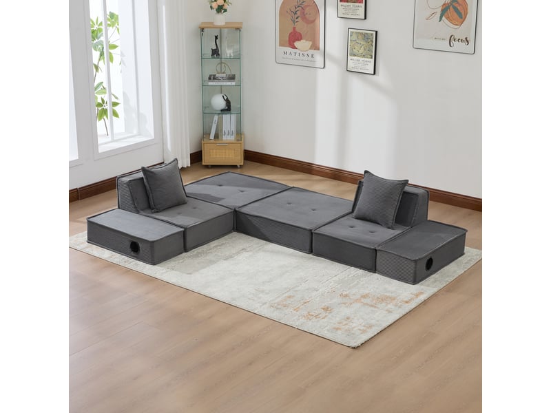  Canapé droit modulable 2 places en velours côtelé gris foncé, 2 coussins, 162 cm Fay Lum - Conforama E