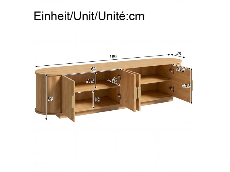  Meuble tv avec 4 portes et rangement fermé, poignées en métal, décor ondulé pour salon, naturel, 180 × 35 × 50 cm  - Conforama D