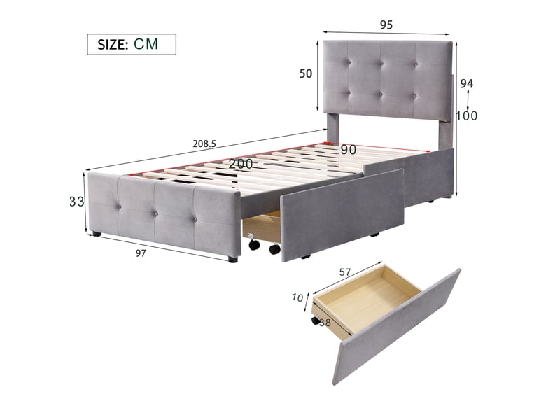  Lit simple 90x200 cm avec tiroirs, sommier à lattes et tête de lit réglable gris  - Conforama E