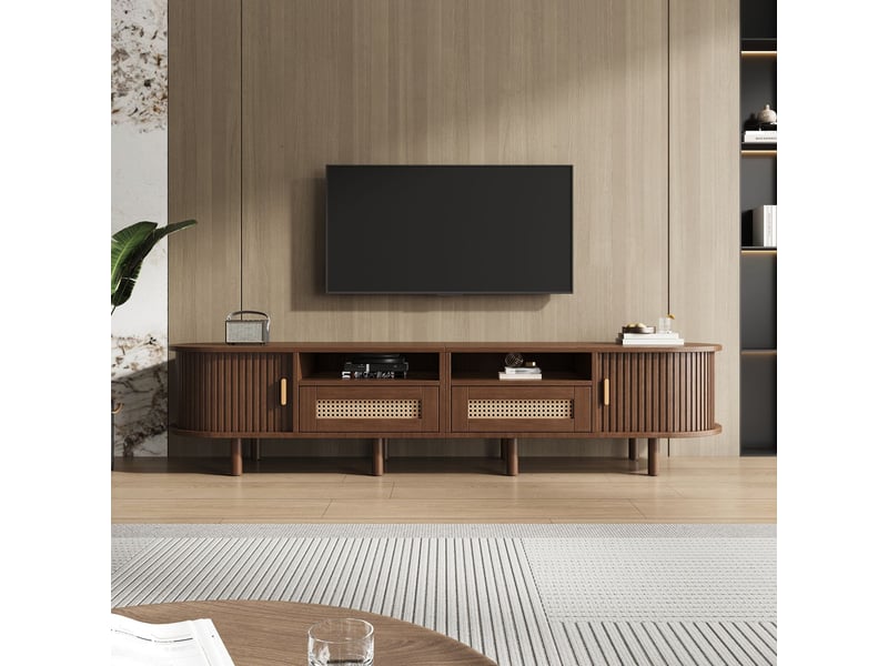  Meuble tv 170x40x40, design ovale en noyer avec 2 tiroirs en rotin, 2 portes coulissantes et rangement meuble tv avec rangement  - Conforama A
