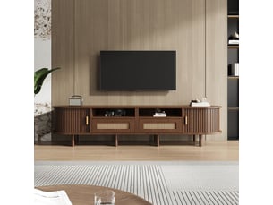 Meuble tv 170x40x40, design ovale en noyer avec 2 tiroirs en rotin, 2 portes coulissantes et rangement meuble tv avec rangement