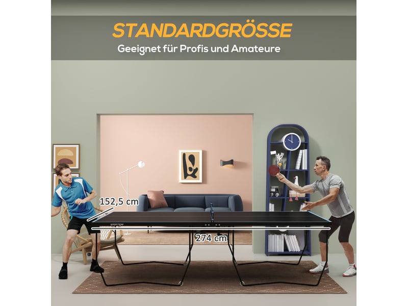  Table de tennis de table extérieure pliable noire 274 x 152,5 x 76 cm en mdf et acier, avec filet et 8 roulettes  - Conforama B