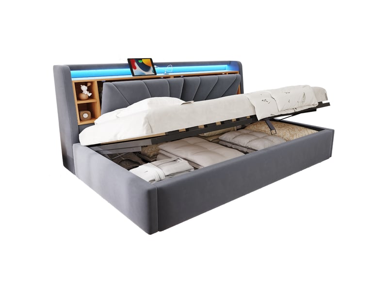  Lit banquette 90 × 200 cm, coffre hydraulique, led, usb, dossier avec étagères et rangements, velours gris foncé  - Conforama A