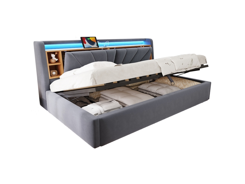  Lit banquette 90 × 200 cm, coffre hydraulique, led, usb, dossier avec étagères et rangements, velours gris foncé  - Conforama A