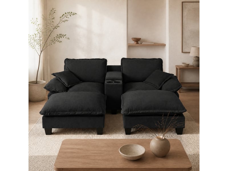  Canapé modulable modenvie 4 places avec rangements dissimulés, ports usb et porte-gobelets, 2 poufs, 2 coussins, tissu chenille noir, 224 x 155 x 90 cm  - Conforama D