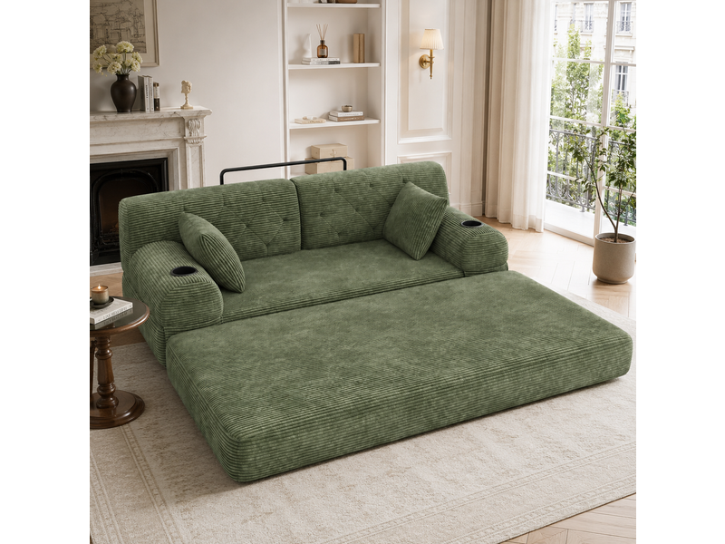  Canapé-lit 2 places vert en velours côtelé, dossier haut et porte-gobelets  - Conforama B