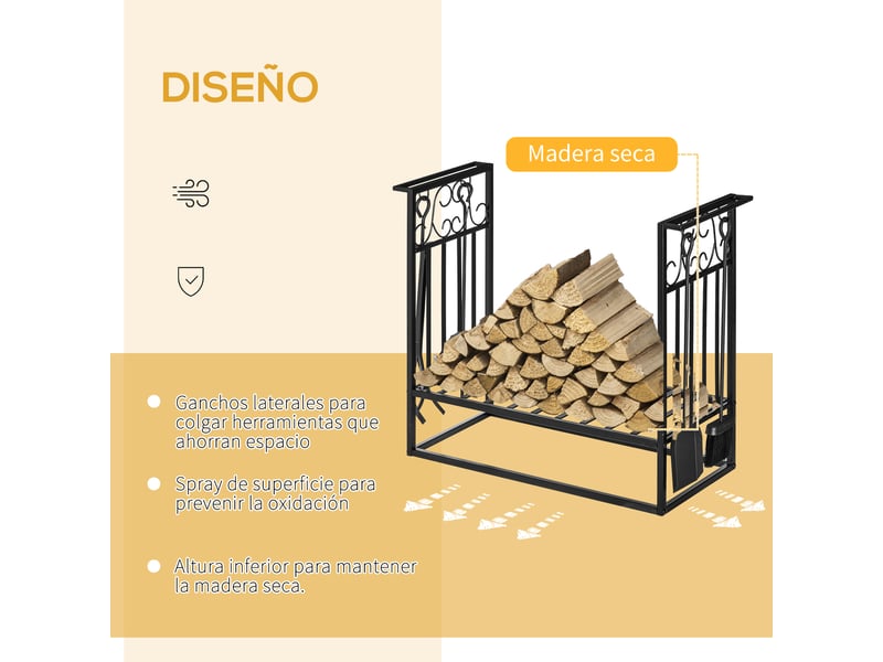 Porte-bûches en acier noir avec 4 outils, capacité 100 kg, 75 x 30 x 60 cm - Conforama R