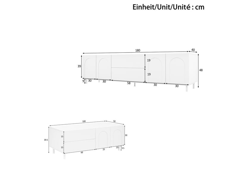  Ensemble meuble tv et table basse de séjour, façades à motif arqué, pieds en acier tubulaire, blanc  - Conforama C