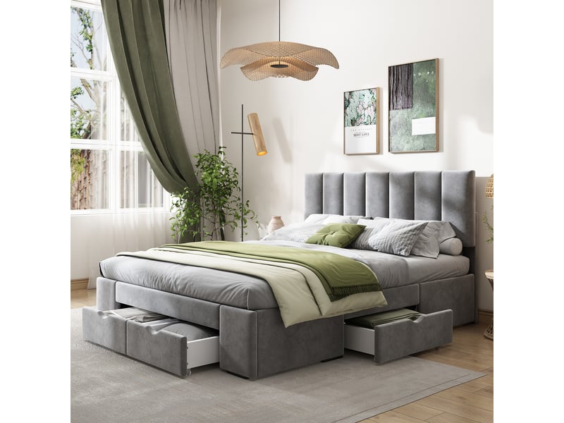  Lit double capitonné 140x200 cm velours gris - tête rembourrée et 4 tiroirs de rangement  - Conforama B