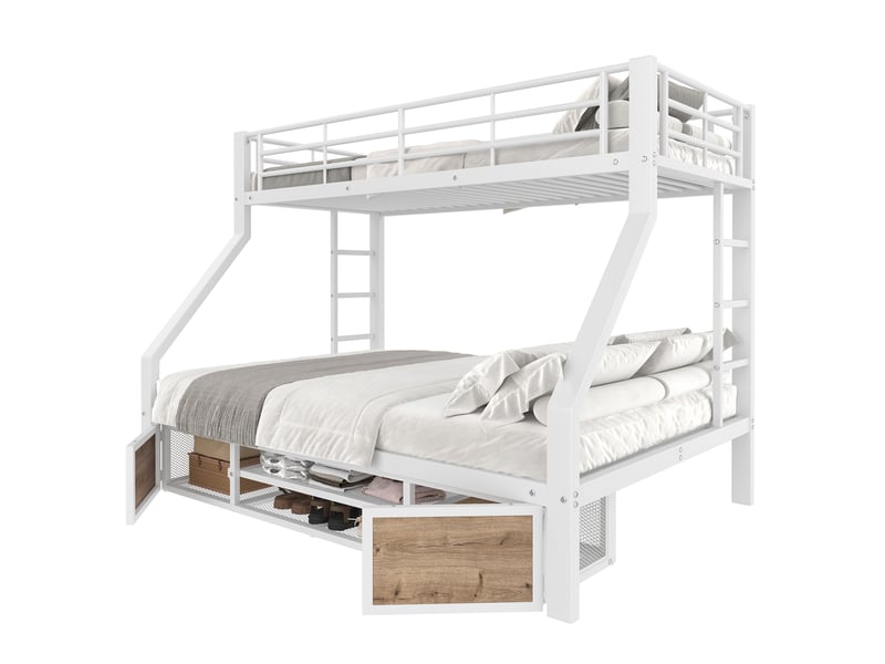  Lit superposé 90x200 et 140x200 en métal, lit enfant avec rangement intégré et échelle, certifié en747, blanc  - Conforama A
