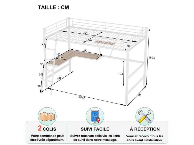 Lit mezzanine 1 place 90×200 cm avec bureau en l et étagère - okmyhome- structure métallique blanche, sans matelas - Conforama D