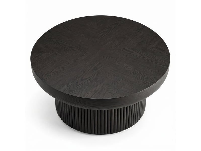  Table basse ronde ulevr avec plateau parqueté et base cannelée, ø 78 cm, épaisseur 8 cm, bois et mdf laqués noirs  - Conforama A