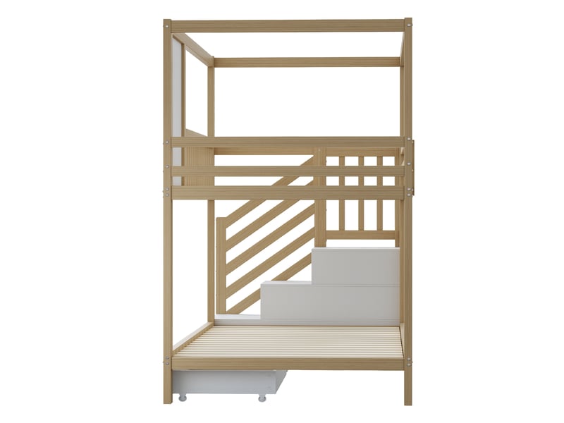  Lit superposé enfant 90x200, lit cabane en bois massif avec barrières, tiroirs de rangement et escalier sécurisé, couleur bois  - Conforama E