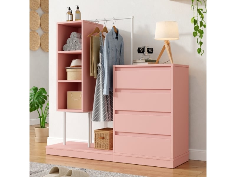  Armoire à tiroirs, ensemble d'armoire, armoire blanche, buffet, tringle à vêtements. Dimensions : l140 × l40 × h135, rose.  - Conforama C