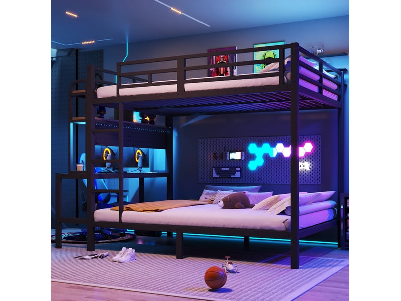 Lit superposé enfant 140 x 200 cm avec bureau, led, usb, échelle et rangements noir - Conforama E