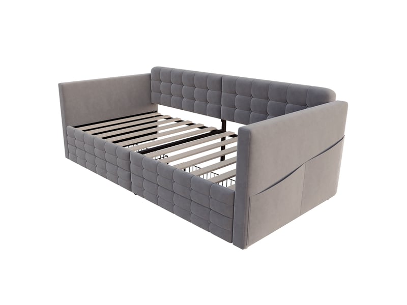  Lit gigogne enfant 90x190 cm canapé-lit avec tiroirs et poches, velours, gris, sans matelas  - Conforama E