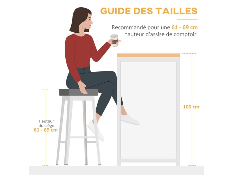  Ilot centra table de bar plateau latéral  rabattable et 3 étagères gris clair 120 x 76 x 91,4 cm  - Conforama W