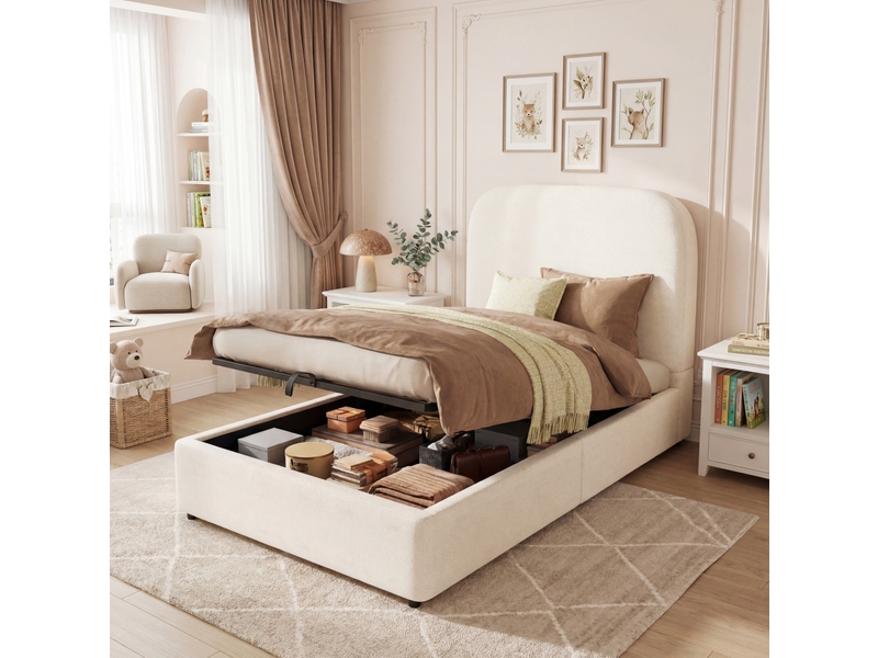  Lit coffre 90x200 cm en bouclette beige avec rangement hydraulique et sommier  - Conforama B