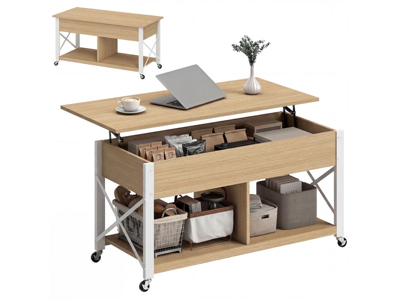 Table basse relevable à roulettes, table de salon avec compartiment caché, étagères ouvertes, bois naturel et blanc - Conforama B