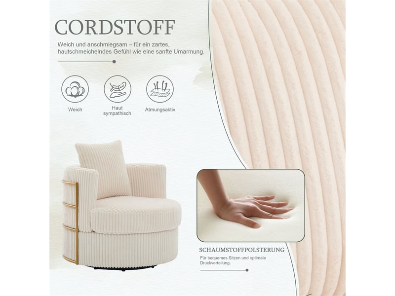  Fauteuil pivotant 360°  76 x 79 x 78 cm – coffre de rangement intégré &amp; coussin inclus –velours côtelé - beige  - Conforama E