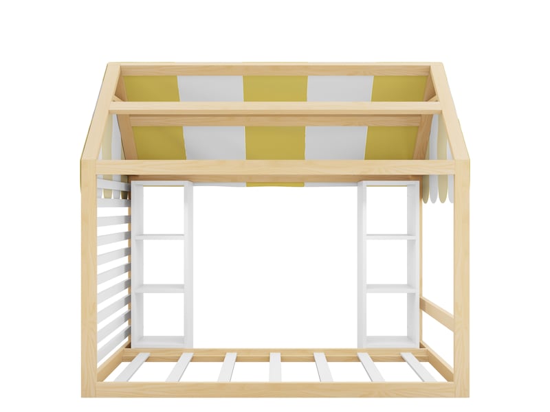  Superbe lit enfant 90x200 lit à baldaquin, lit avec rangement ouvert pour chambre, design cabane couleur blanc et naturel.  - Conforama D