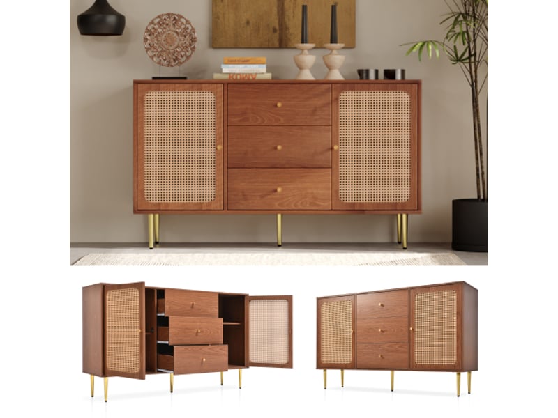  Commode elégant à 3 tiroirs 2 portes en rotin, armoire chambre etagères réglables, meuble d'entrée, noyer vintage, 150x40x90cm  - Conforama E