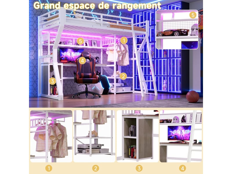  Lit mezzanine avec bureau 90 x 200 cm cadre en fer barre lumineuse prise intégrée rangements étagères espace de suspension des vêtements  - Conforama E