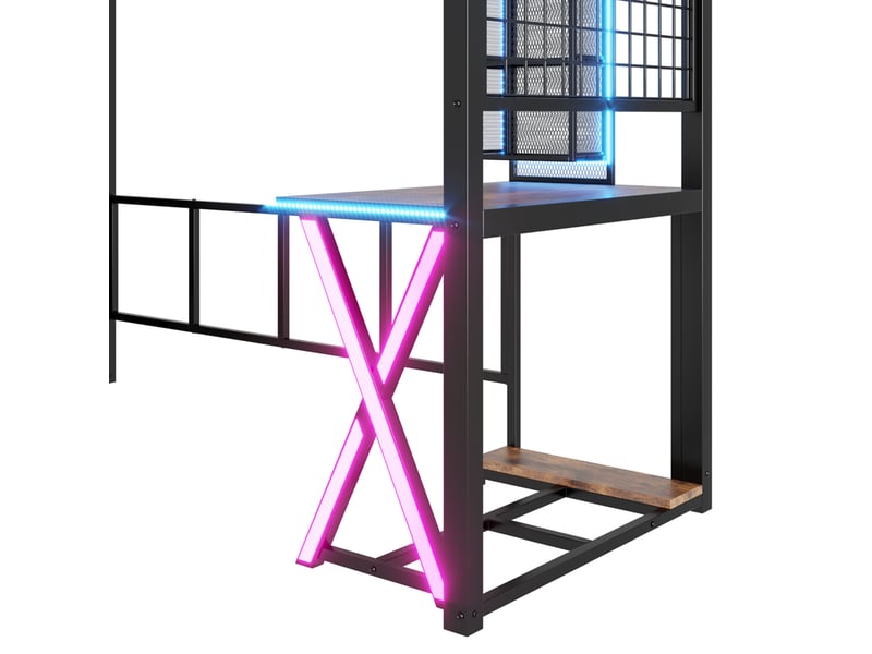  Lit mezzanine 90 x 200 cm avec bureau et armoire, échelle de rangement, éclairage led, structure en métal et mdf noir  - Conforama W