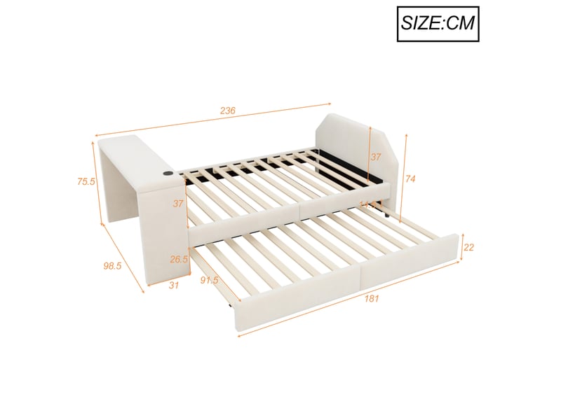  Lit enfant 90x200 cm avec bureau, usb et lit gigogne, velours beige, sans matelas  - Conforama C