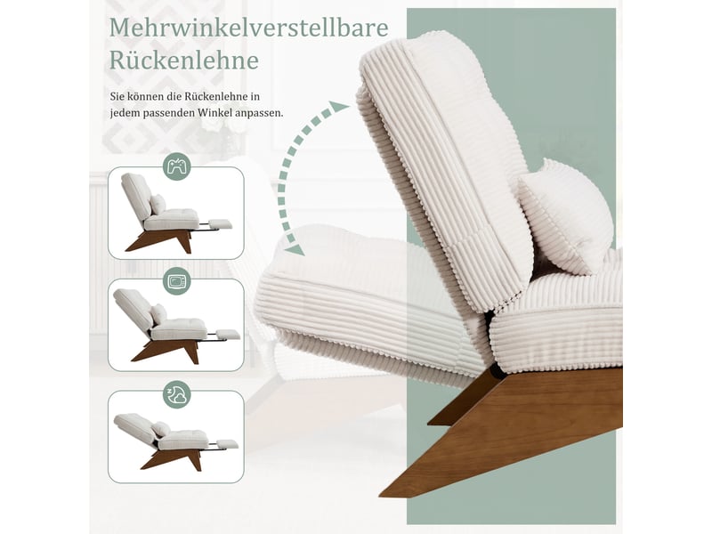  Fauteuil de salon 127x73x90cm – pas d'accoudoirs - avec repose-pieds rétractable, dossier inclinable et coussin lombaire – velours côtelé - beige  - Conforama E