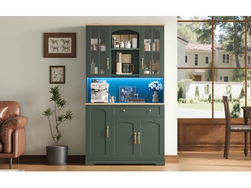  Buffet de cuisine haut avec 2 portes vitrées, 1 tiroir, étagères réglables et éclairage led pour cuisine, vert  - Conforama C