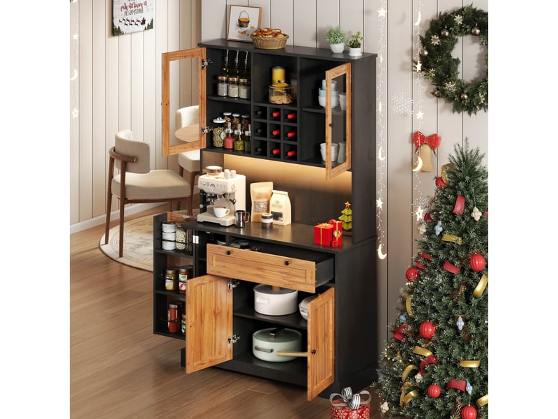  Vitrine de cuisine haute avec led et prise, armoire avec range-épices et étagères réglables, buffet vaisselier, 180 × 105 × 40 cm, naturel, moderne CARDUME ESTIVAL - Conforama E