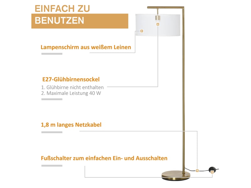  Lampadaire e27 47x37x153 cm design moderne métal doré blanc  - Conforama E