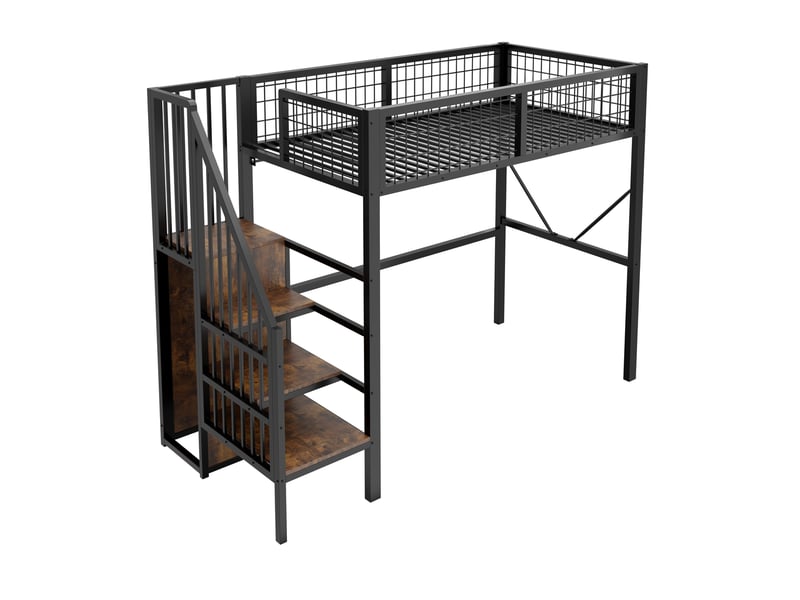  Lit mezzanine 90x200 cm noir en métal avec échelle, rangement, led et barrières  - Conforama D