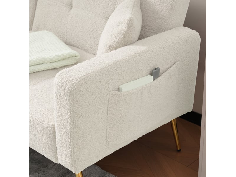  Canapé 2 places en peluche d’agneau,canapé-lit pliant réglable - pieds en métal + poches de rangement - 2 coussins - 175x64x72cm - blanc 175x64x72cm - Conforama D