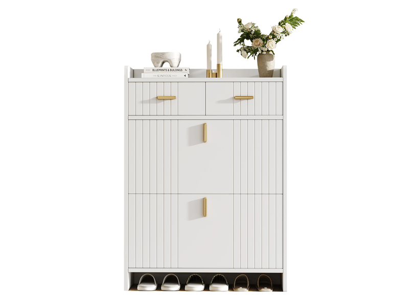  Meuble à chaussures - 75x24x108,5cm - meuble d'entrée étroit avec 2 tiroirs, 2 abattants, niche ouverte - blanc et doré  - Conforama A