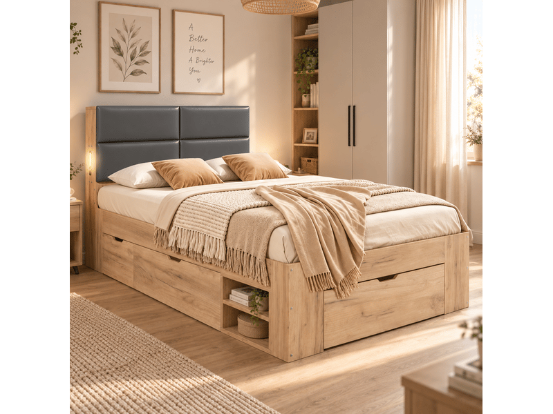  Lit coffre 90x200 cm rangements et ports usb en mdf coloris naturel  - Conforama D