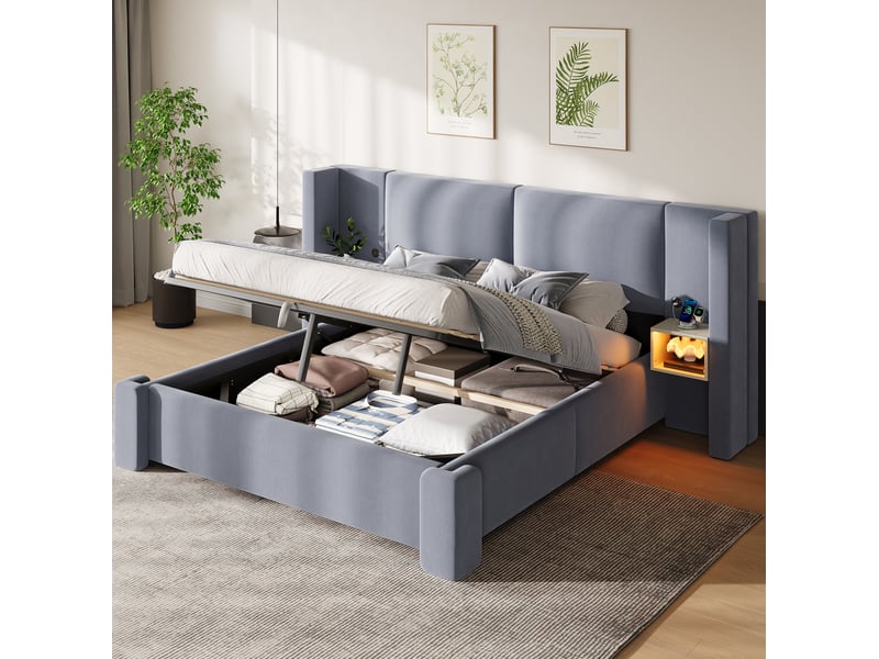  Lit coffre 180 × 200 cm 2 places avec led, rangements et tête de lit rembourrée, sans matelas, en lin gris  - Conforama B
