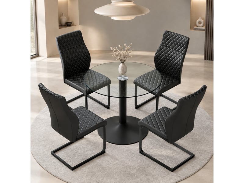  Ensemble table et chaises avec 1 table ronde et 4 chaises  - dossier haut - verre trempé, métal et pu - noir  - Conforama C